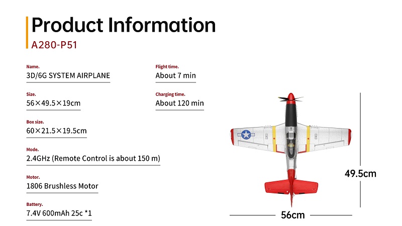  WLtoys XK A280 RC 飛行機 P51 戦闘機シミュレータ 2.4G 3D6G モード航空機 サーチライト付き