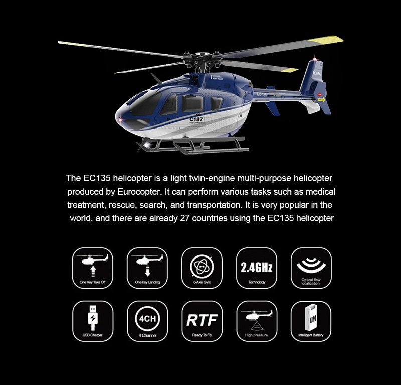 RC EAR C187 4CH 6 軸ジャイロ高度保持フライバーレス EC135 スケール RC ヘリコプター RTF 2.4G