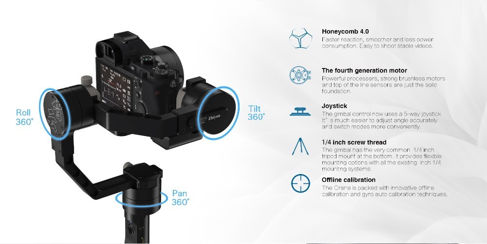 Zhiyun Crane 3軸ハンドルスタビライザー  3軸ブラシレスジンバル  360 無制限回転